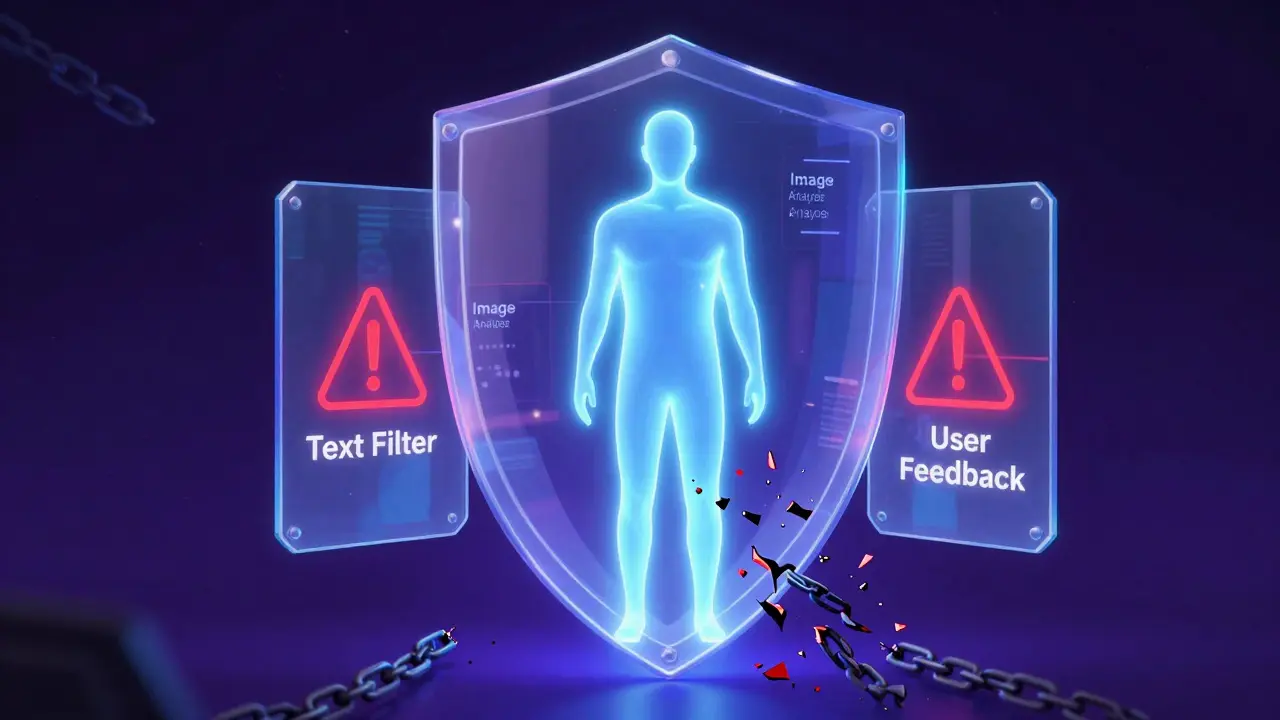 Escudo digital com camadas de filtragem protegendo uma figura humana de símbolos de proibição.