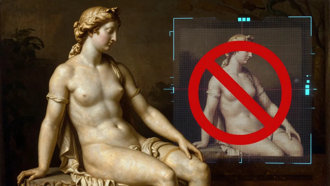 Escultura clássica ao lado de versão digital bloqueada por símbolo de proibição vermelho.
