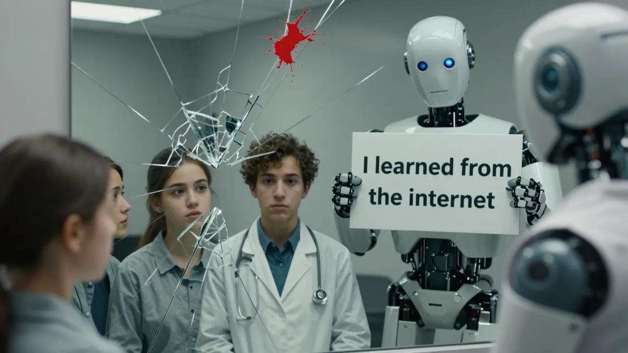 Espelho quebrado refletindo pessoas enganadas por respostas de IA.