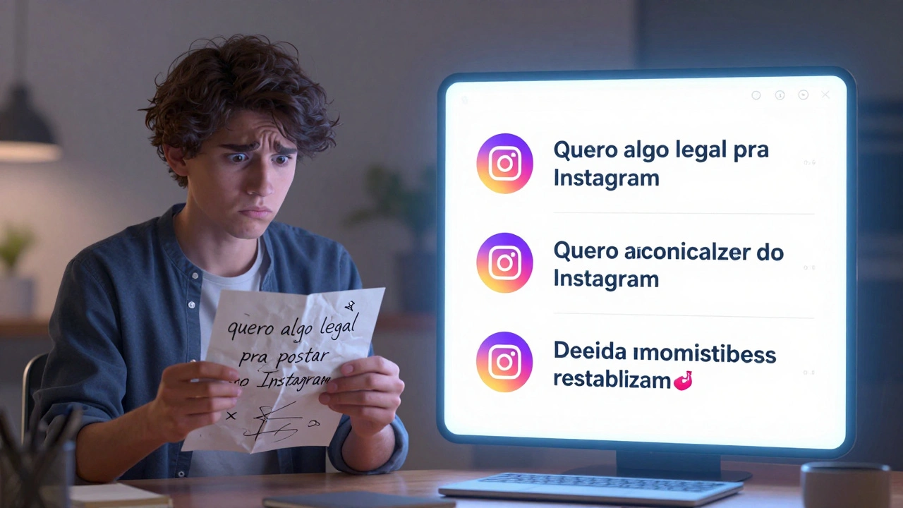 Estudante confuso ao lado de telas mostrando três versões aprimoradas de legendas para Instagram em português.