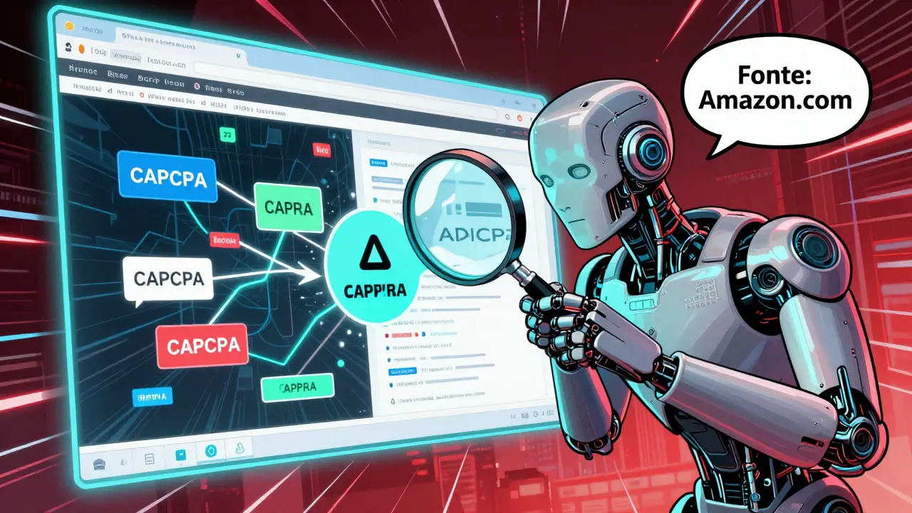 Ilustração em estilo quadrinho de agente de IA extraindo dados de uma página web caótica.