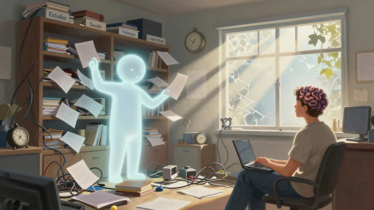 Imagem conceitual de uma mente desordenada sendo organizada por uma luz amigável da IA, com rótulos de áreas da vida.