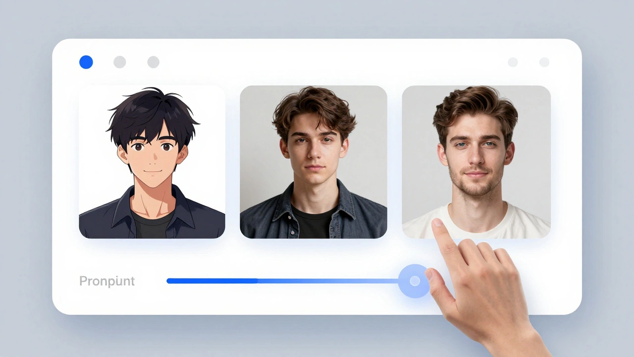 Interface de IA com previews de arte anime e realista, ajustes de prompt visuais, tons azuis e cinzas.