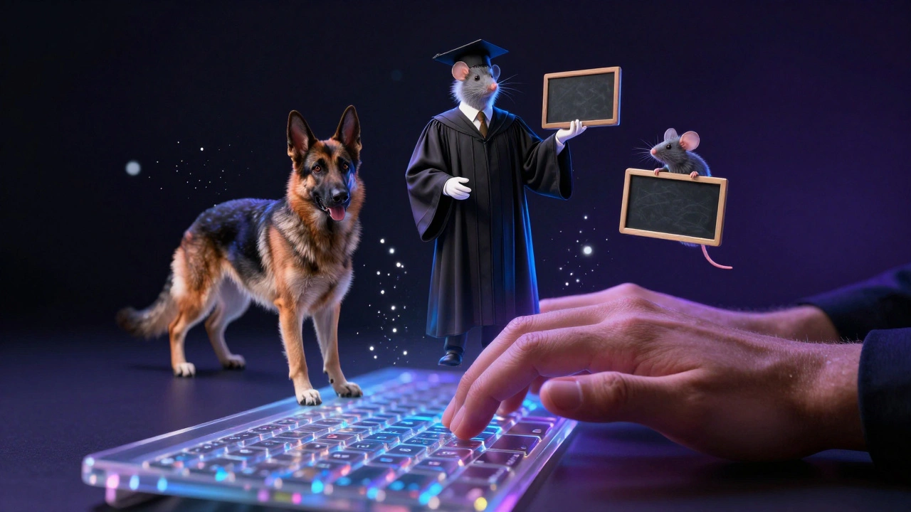 Mão digitando prompt que gera elementos visuais flutuantes de um cão professor e ratos.