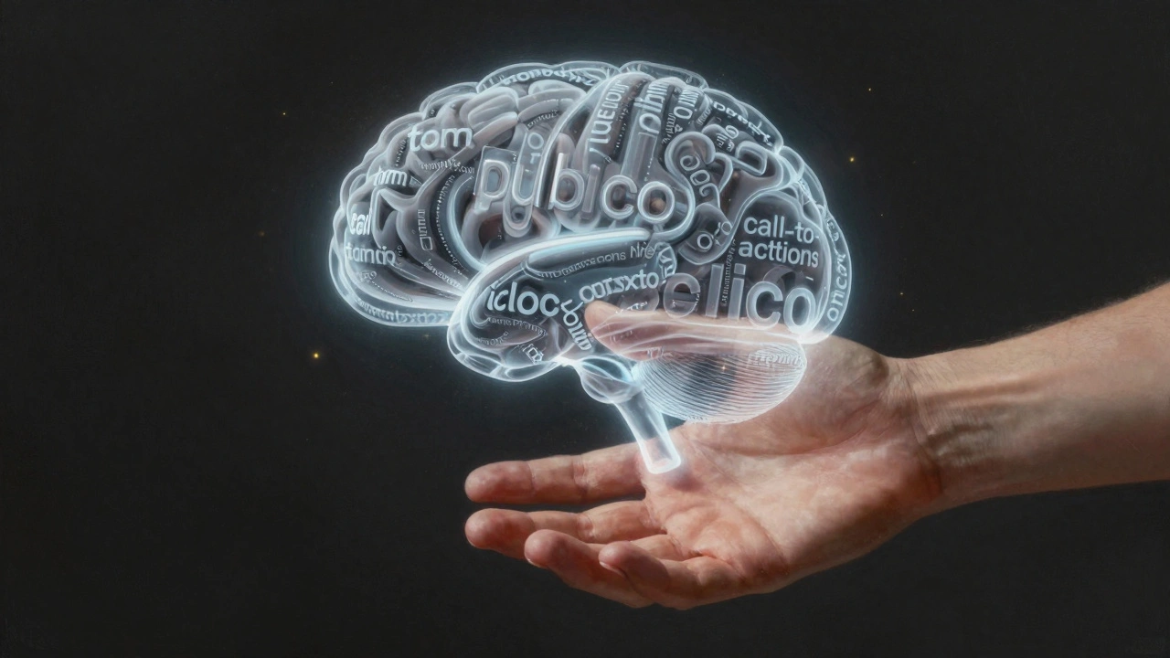 Mão humana interagindo com um cérebro AI feito de palavras em português, simbolizando compreensão mútua.