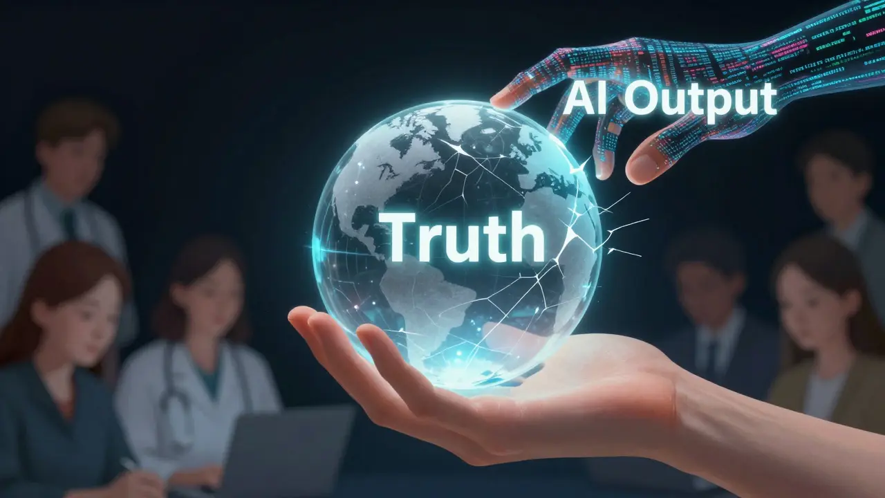 Mão humana segurando uma verdade frágil enquanto código digital a substitui.