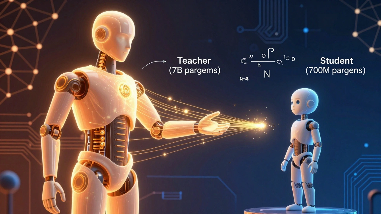 Modelo grande transferindo conhecimento para um modelo menor, representando distilação de inteligência artificial.