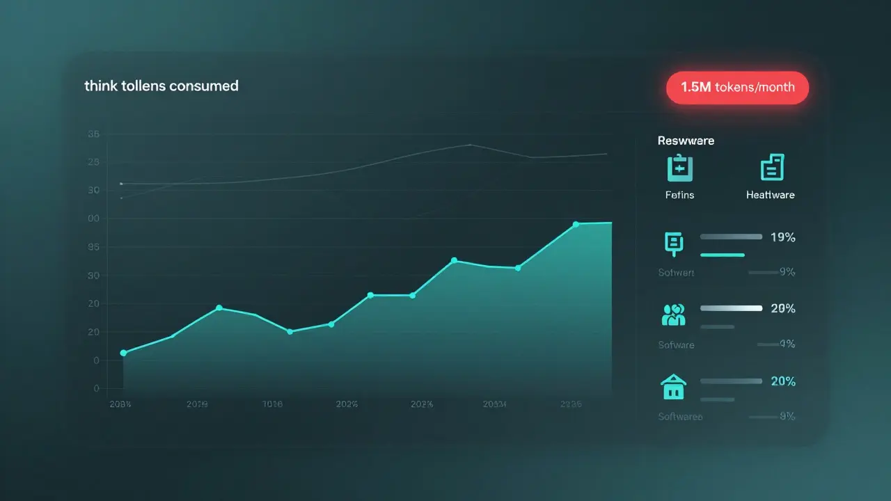 Painel digital monitorando consumo de tokens de raciocínio em tempo real com alertas de custo.