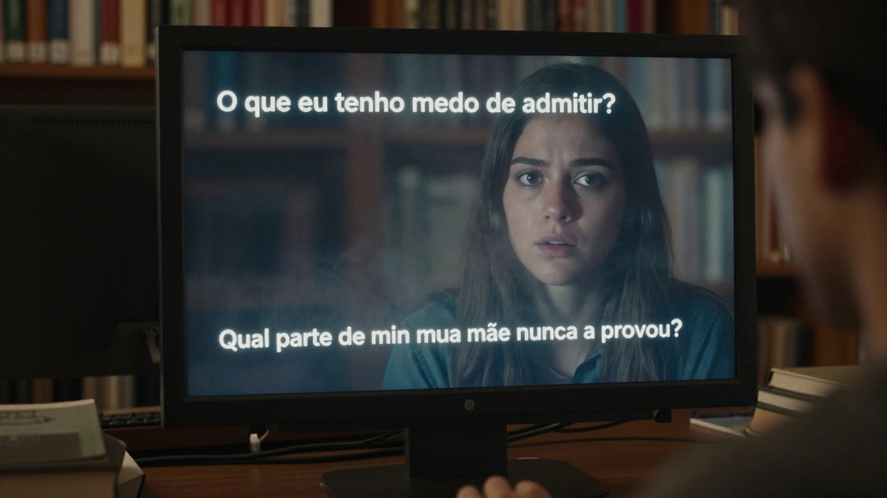 Pessoa diante de um computador cujo reflexo na tela mostra uma versão sombria de si mesma, em ambiente de biblioteca antiga.