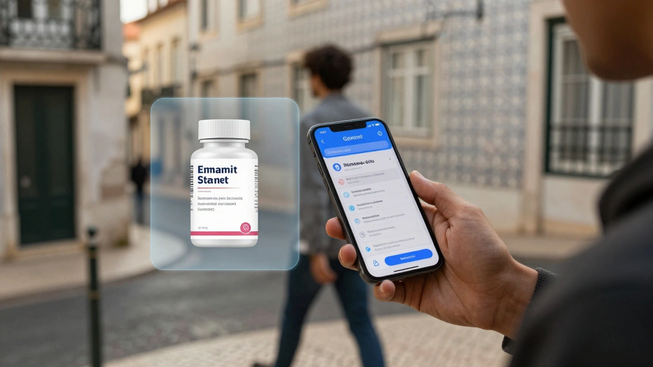 Pessoa no celular analisando uma foto de remédio com a assistente de IA Gemini em Lisboa.