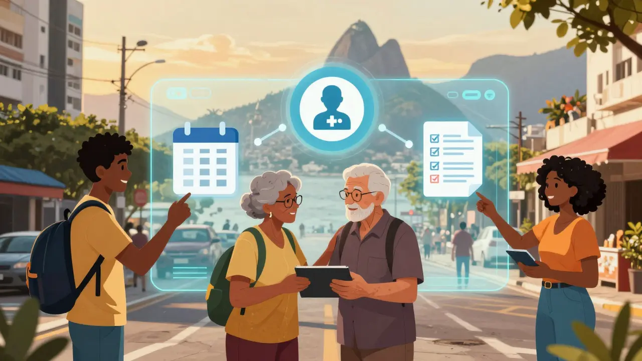 Pessoas de diferentes idades interagindo com uma interface de IA que visualiza ajuda em saúde, finanças e organização.