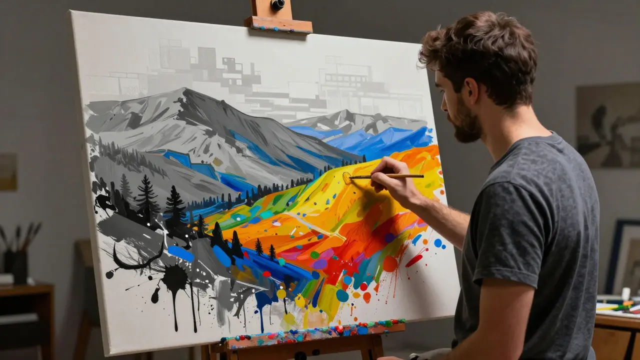 Pintor transformando landscape gerado por IA em obra manual com pincéis, parte digital e parte pintada à mão.