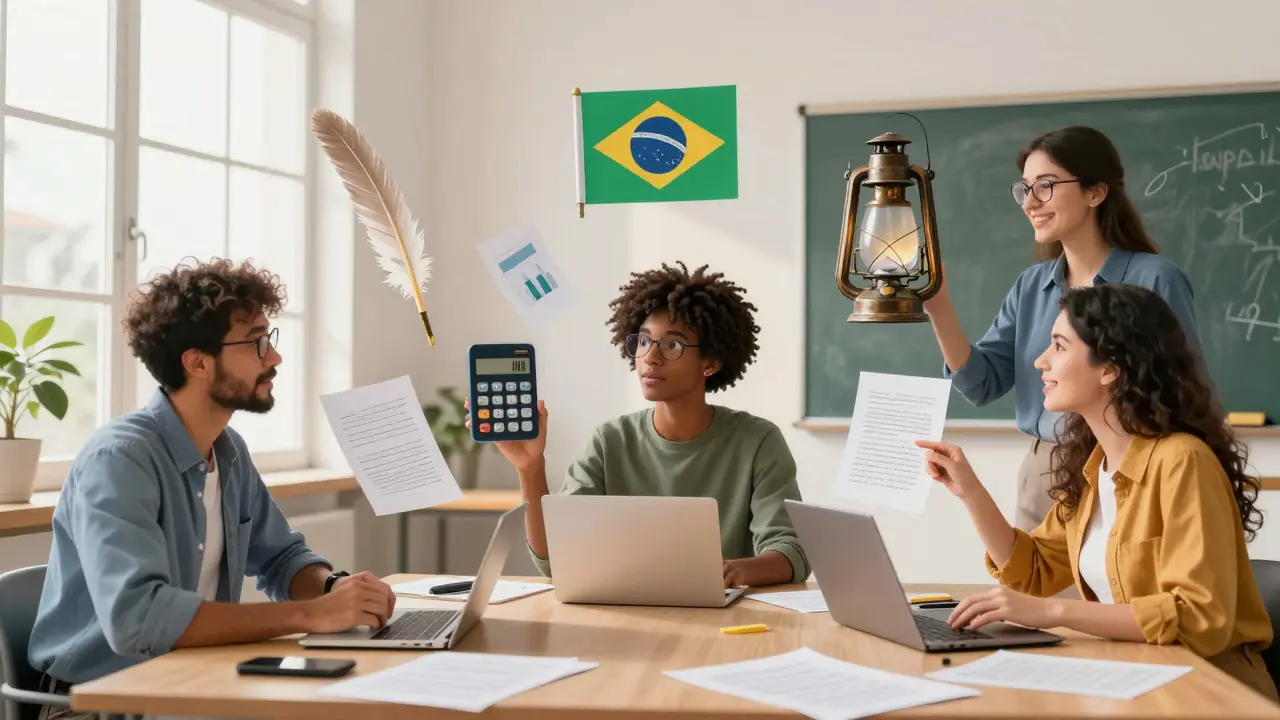 Profissionais trabalhando com avatares de IA que representam escrita, análise e ética.