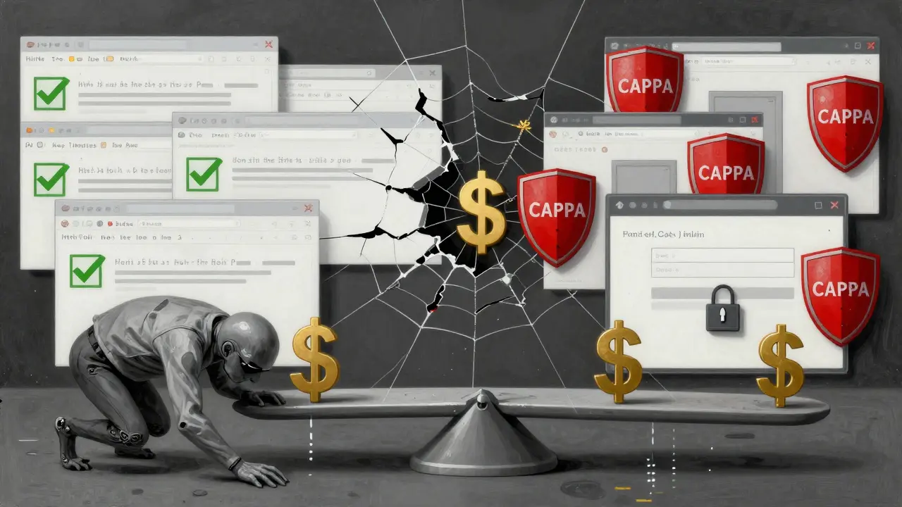 Representação conceitual do ecossistema web dividido entre acesso permitido e bloqueado por IA.