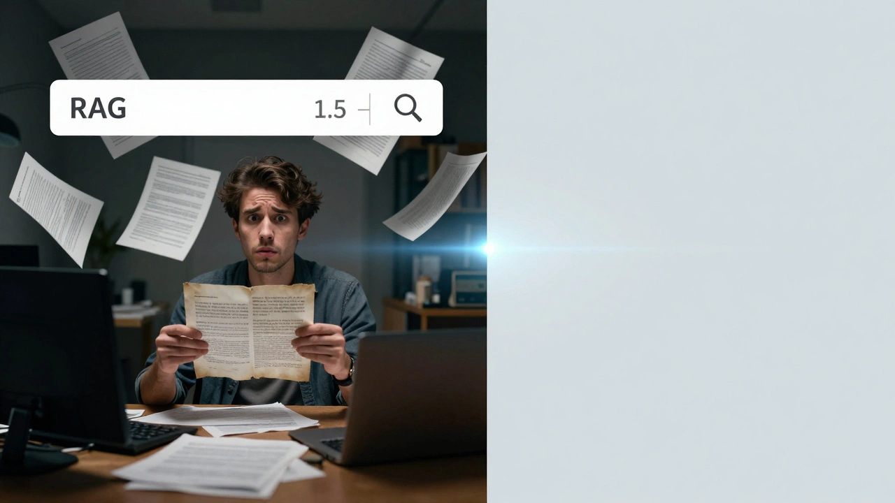 Split-screen comparing slow RAG pipeline with fast fine-tuned AI response.