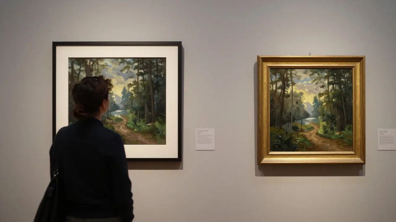 Visitante em galeria observando imagem de IA com marcação discreta, ao lado de pintura original feita à mão.