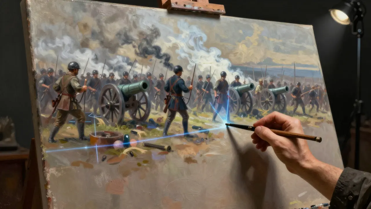 Artista pinta enquanto uma cena histórica gerada por IA é projetada como holograma atrás deles.