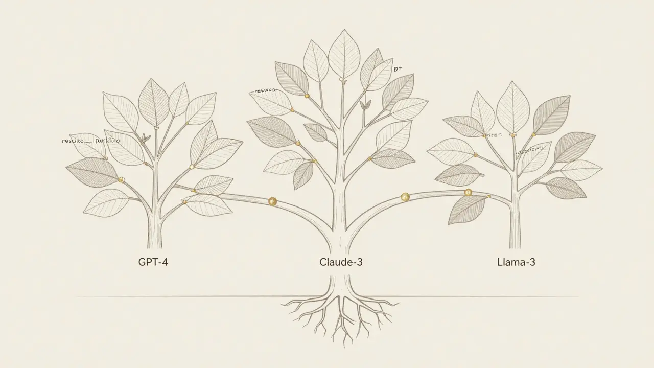 Árvore com três troncos representando modelos de IA, cada um com templates de prompt otimizados como folhas, raízes em repositório Git.
