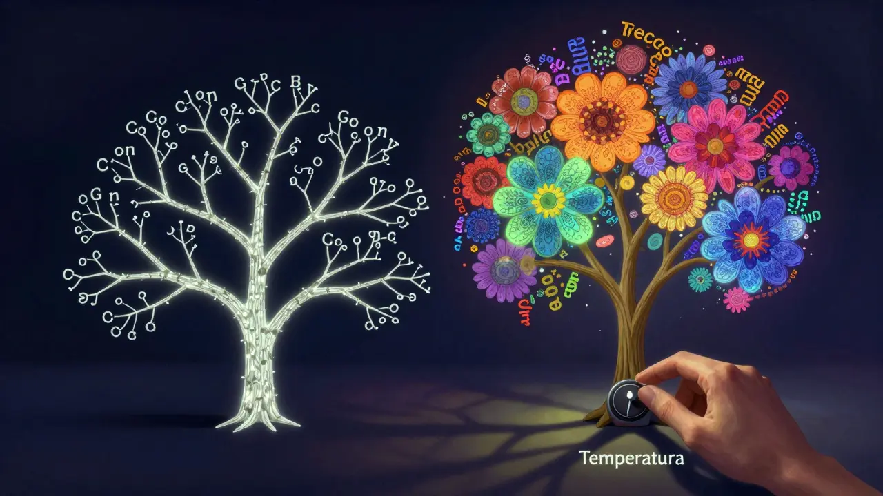 Árvore de tokens dividida entre ramificações rígidas (precisão) e flores coloridas (criatividade), com um controle de temperatura no tronco.