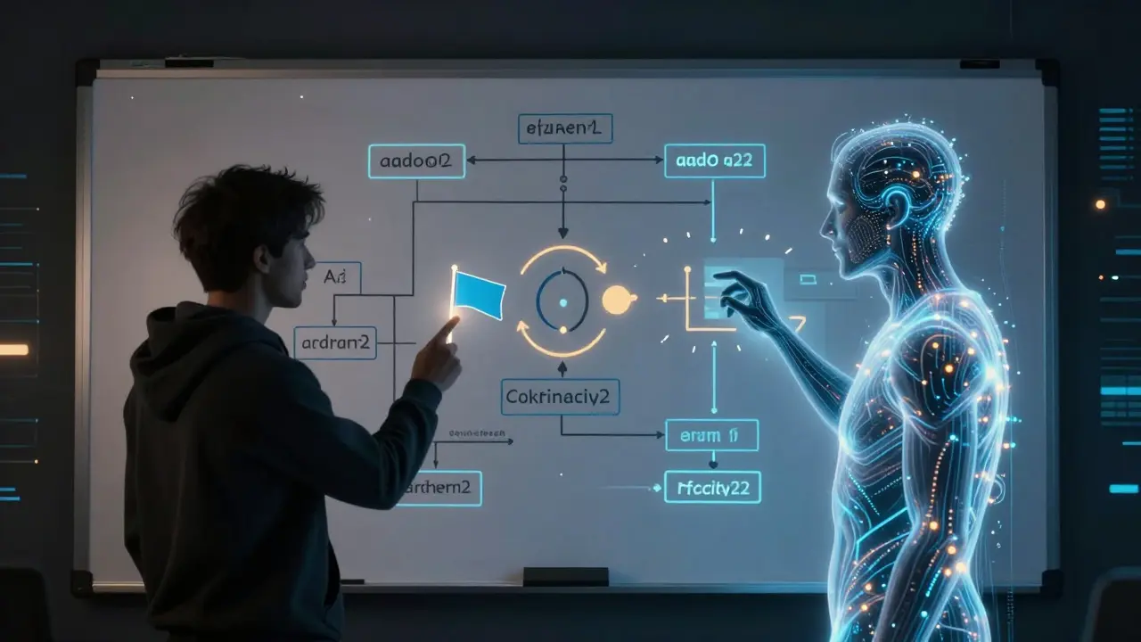 Avatares humano e de IA colaborando em um quadro com fluxos de autenticação OAuth2.