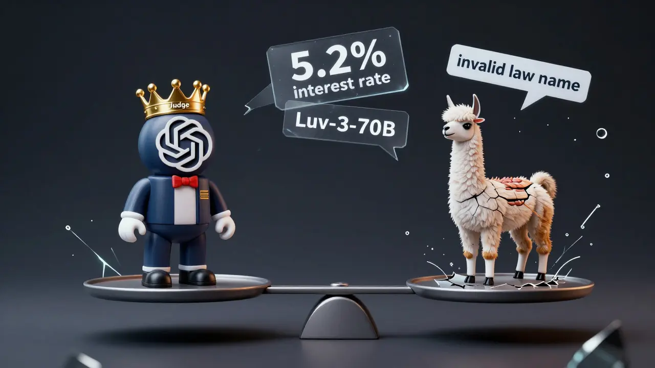 Balança entre modelos de IA como juízes, com fragmentos de respostas falsas flutuando, representando inconsistências na avaliação.