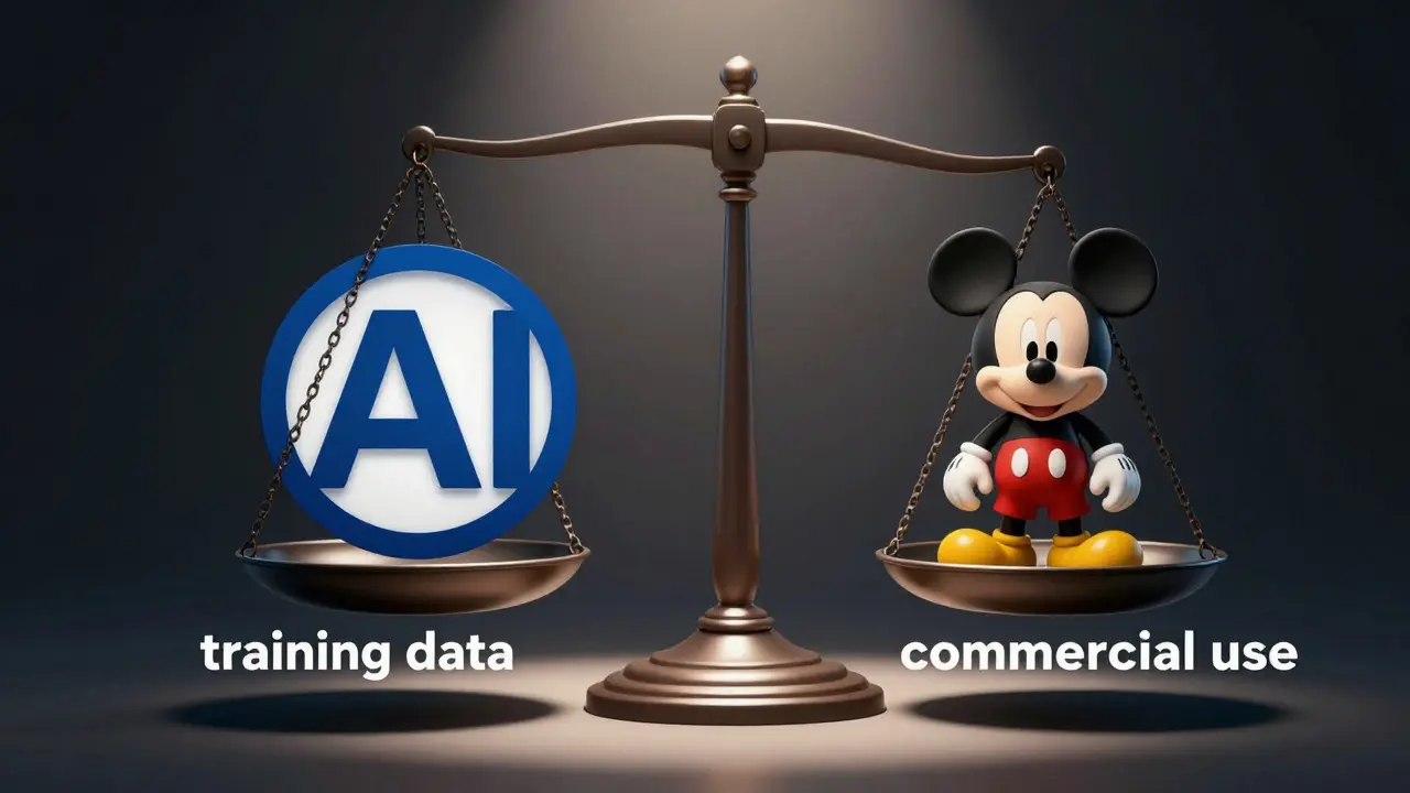 Balança legal comparando logotipo de IA com personagem protegido por direitos autorais.