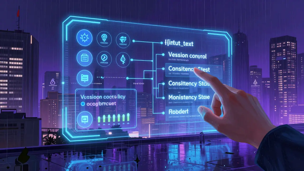 Blueprint de prompt holográfico flutuando sobre cidade, com módulos de eficiência, consistência e adaptadores para modelos, iluminação neon.