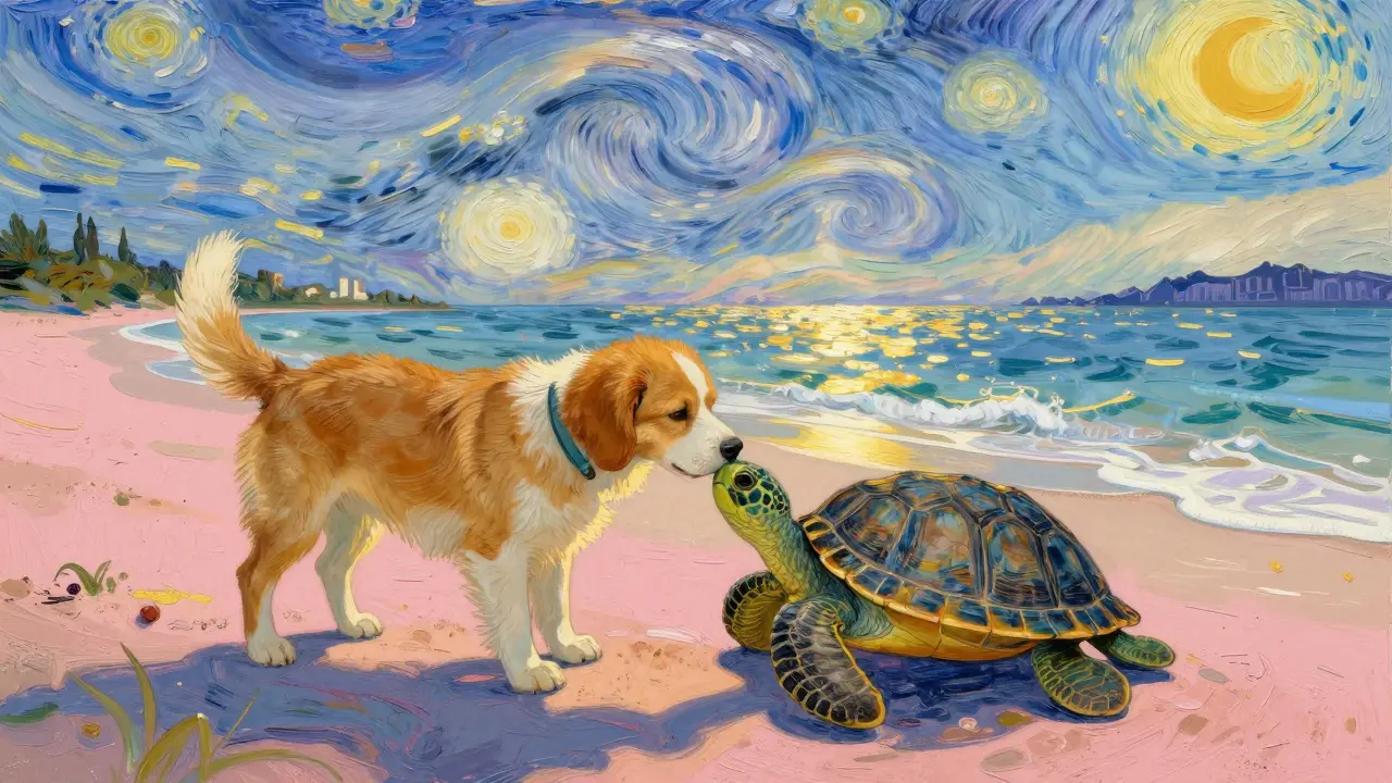 Cão beijando uma tartaruga em praia de areia rosa, pintura no estilo Van Gogh.