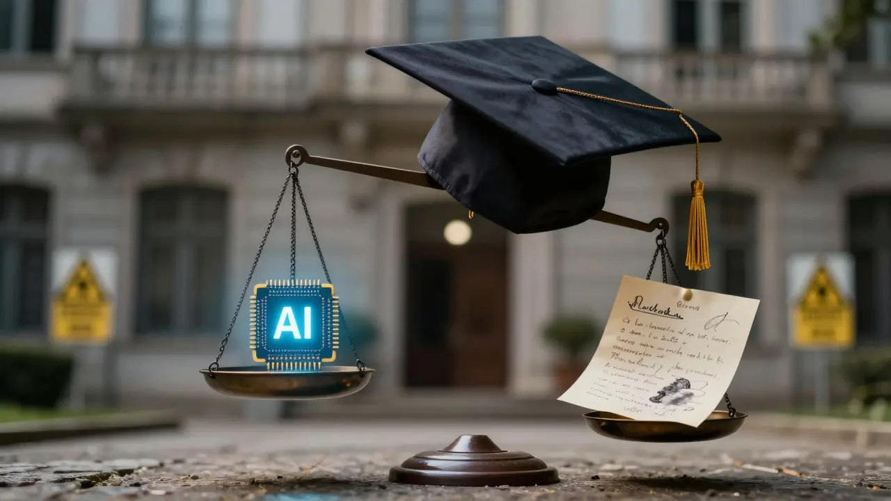 Capa de formatura sobre uma balança entre chip de IA e carta manuscrita, com fundo de universidade portuguesa e luz dramática.