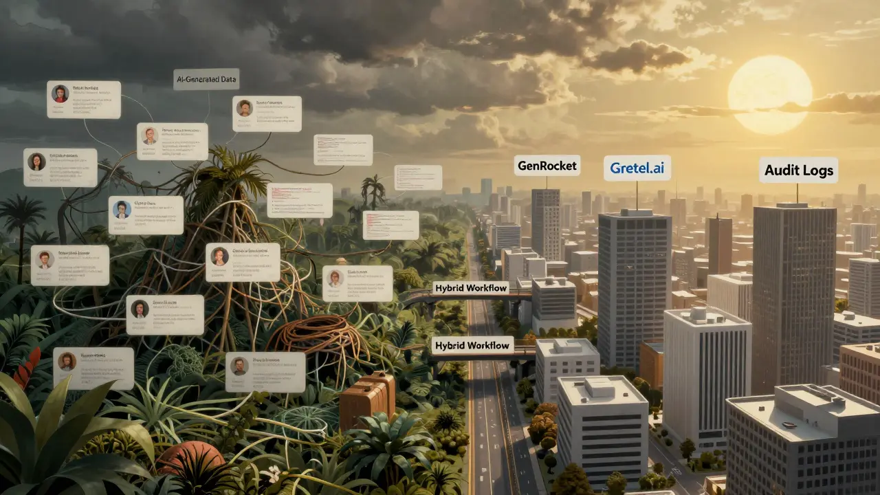 Cena dividida: caos de dados sintéticos à esquerda, infraestrutura auditável à direita, ligados por ponte híbrida.