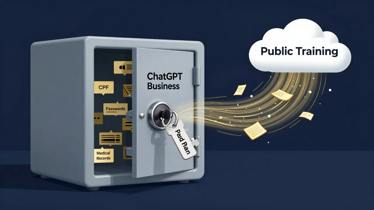 Cofre seguro com rótulo 'ChatGPT Business' contendo dados protegidos, enquanto dados livres fluem para uma nuvem de treinamento público.