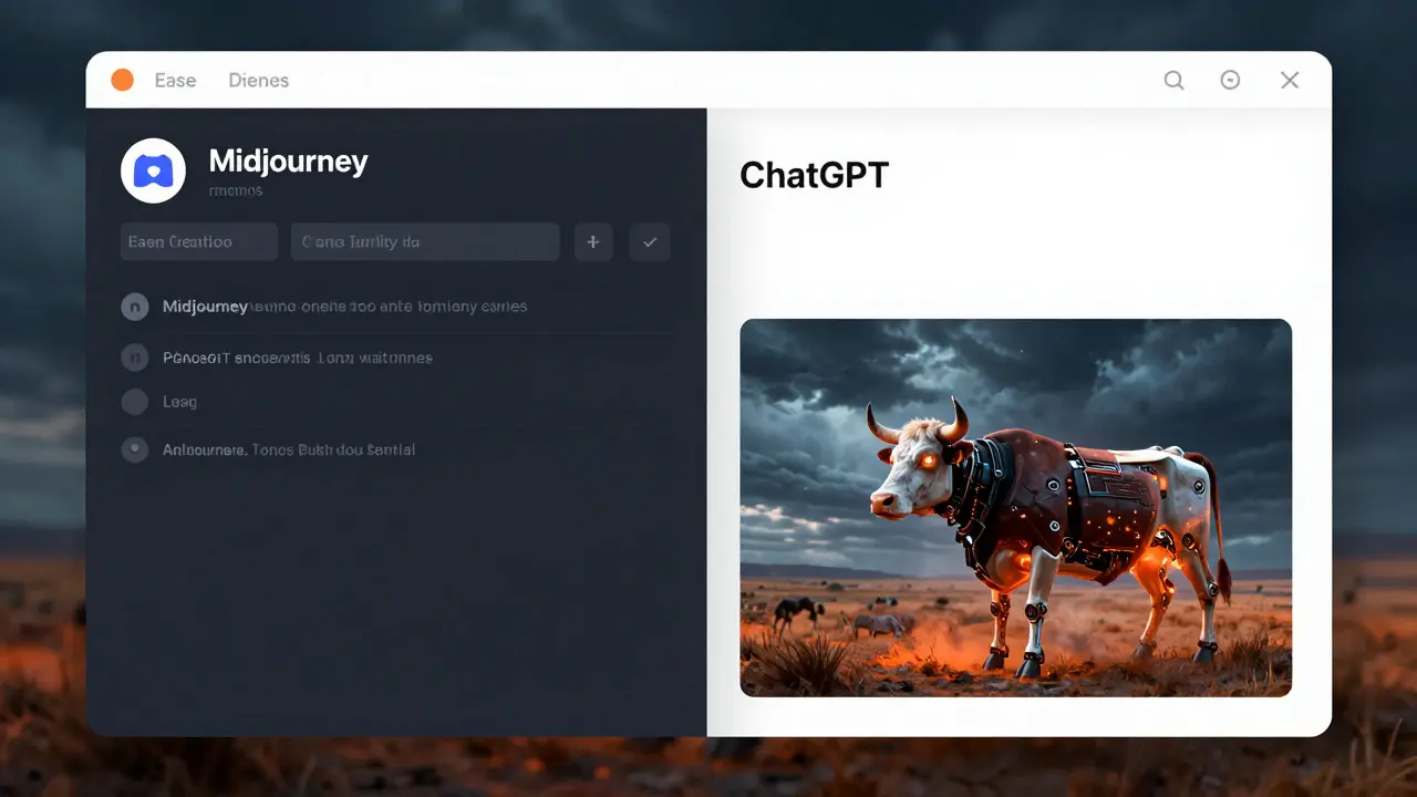 Comparação entre uso complexo do Midjourney e simplicidade do DALL·E 3 com cena cyberpunk.