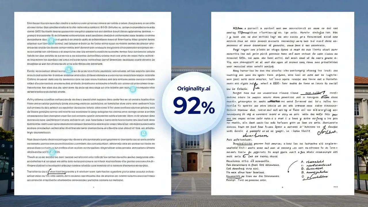 Dois estilos de texto em confronto: um robótico e perfeito, outro humano com anotações e referências locais, sob um badge de detecção de IA.