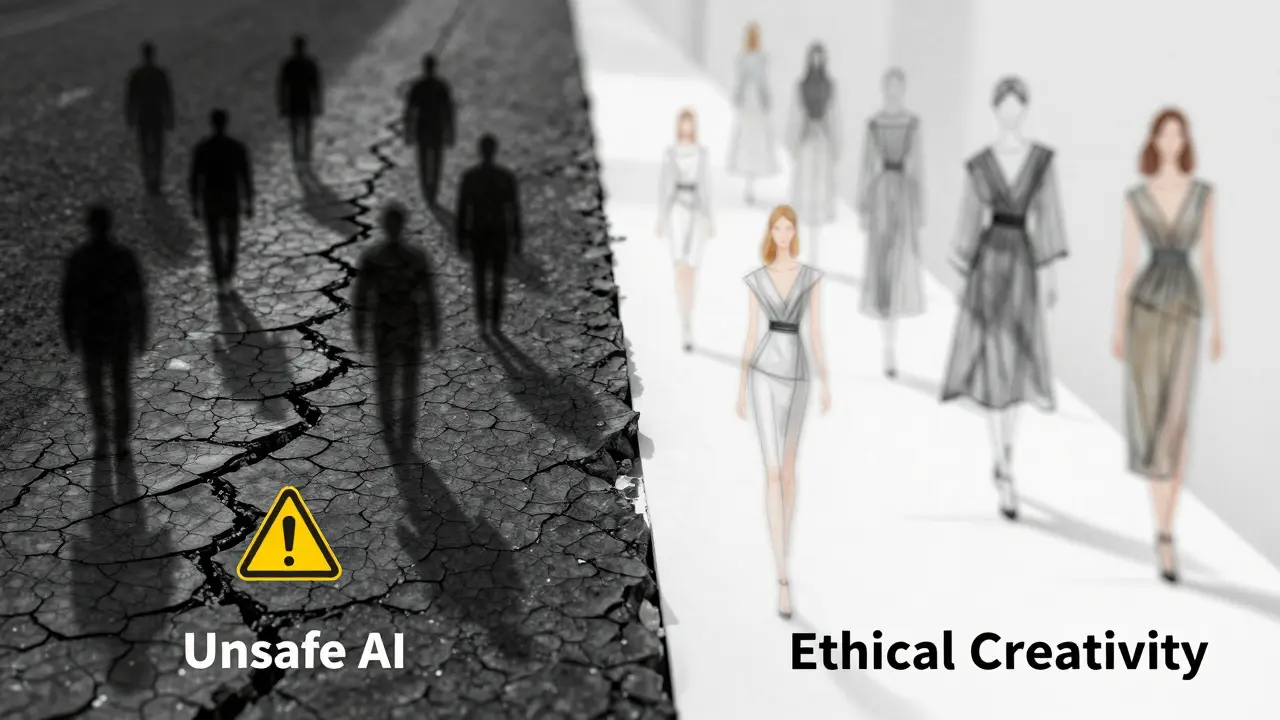 Duas vias: uma escura e proibida, outra clara e criativa com roupas elegantes e retratos artísticos.