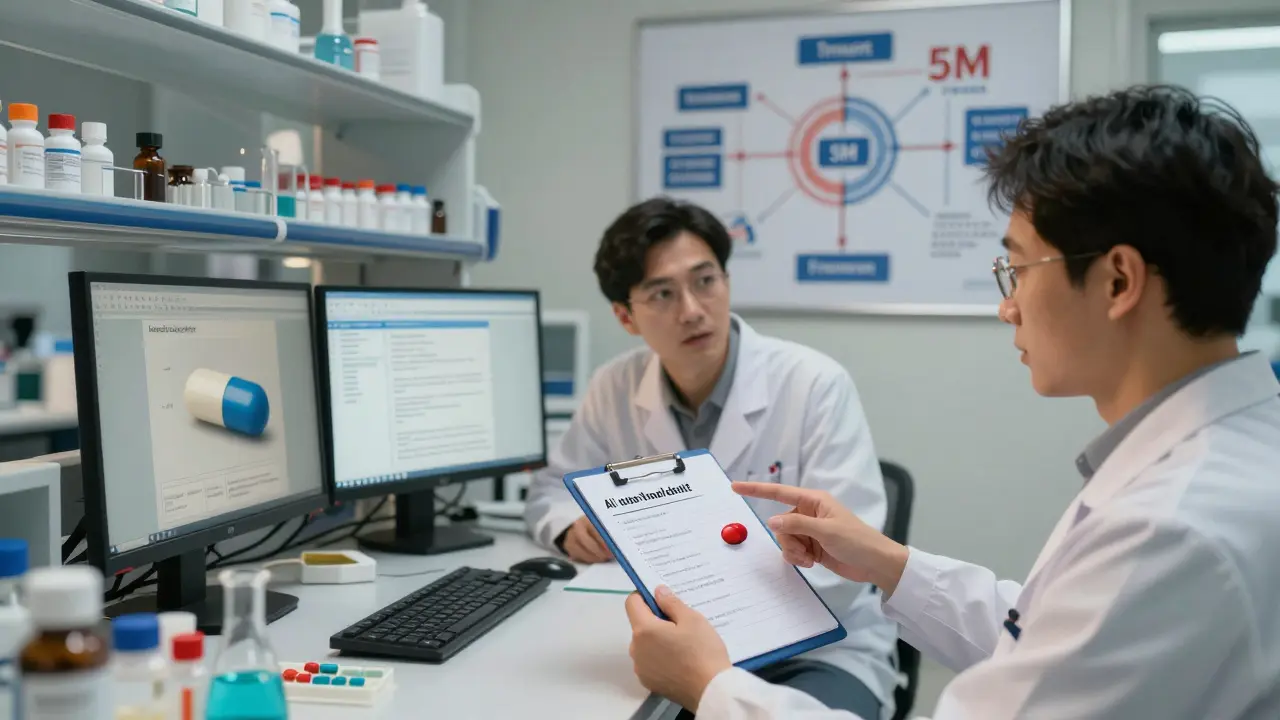 Equipe em laboratório farmacêutico valida conteúdo de IA usando checklist e bancos de dados confiáveis.