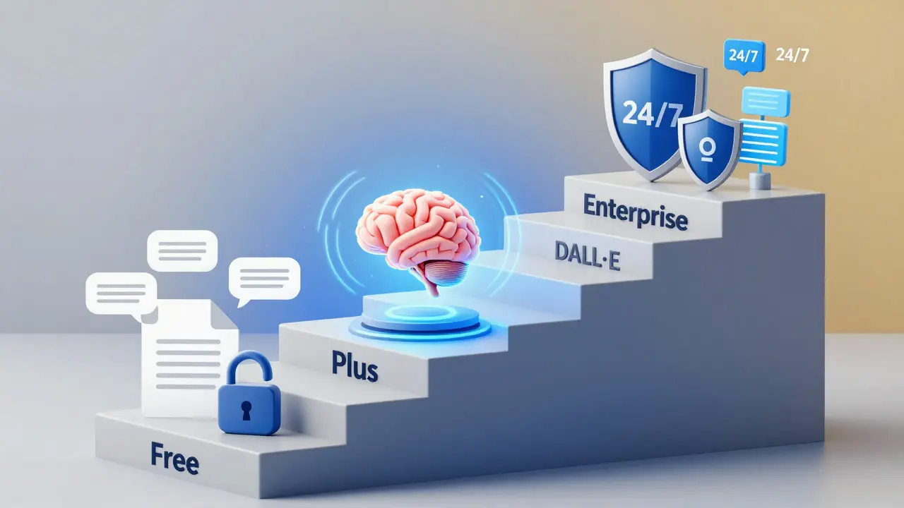 Escada simbólica com três níveis representando os planos gratuitos, Plus e Enterprise, com ícones visuais de funcionalidades.