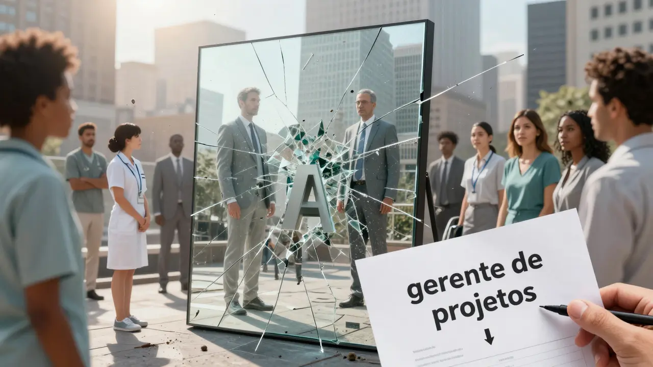 Espelho gigante com reflexos desiguais de profissionais, mostrando viés algorítmico em uma cidade.