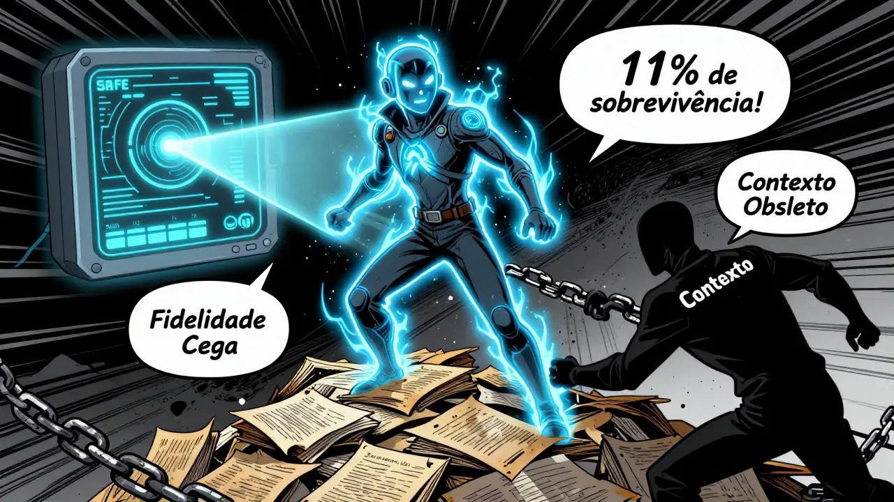 Estilo de quadrinhos: IA desafiando um contexto obsoleto, com avaliador SAFE verificando fatos em tempo real.