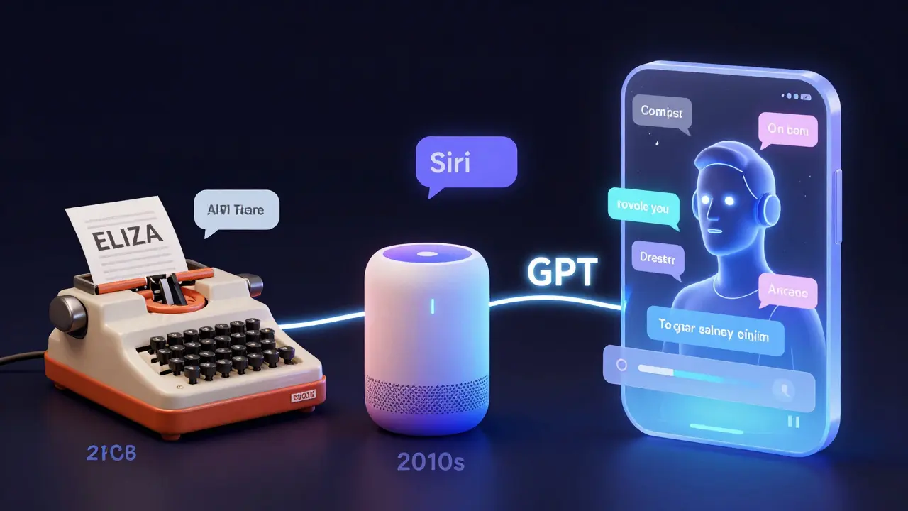 Evolução dos chatbots desde os anos 60 até o ChatGPT, mostrada como uma linha de tecnologia crescente.