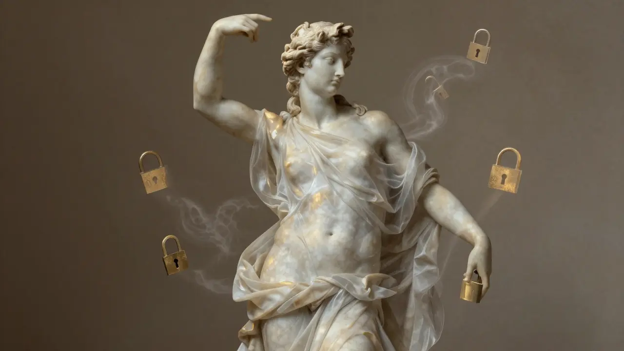 Figura esculpida em mármore com tecidos translúcidos sob luz suave.