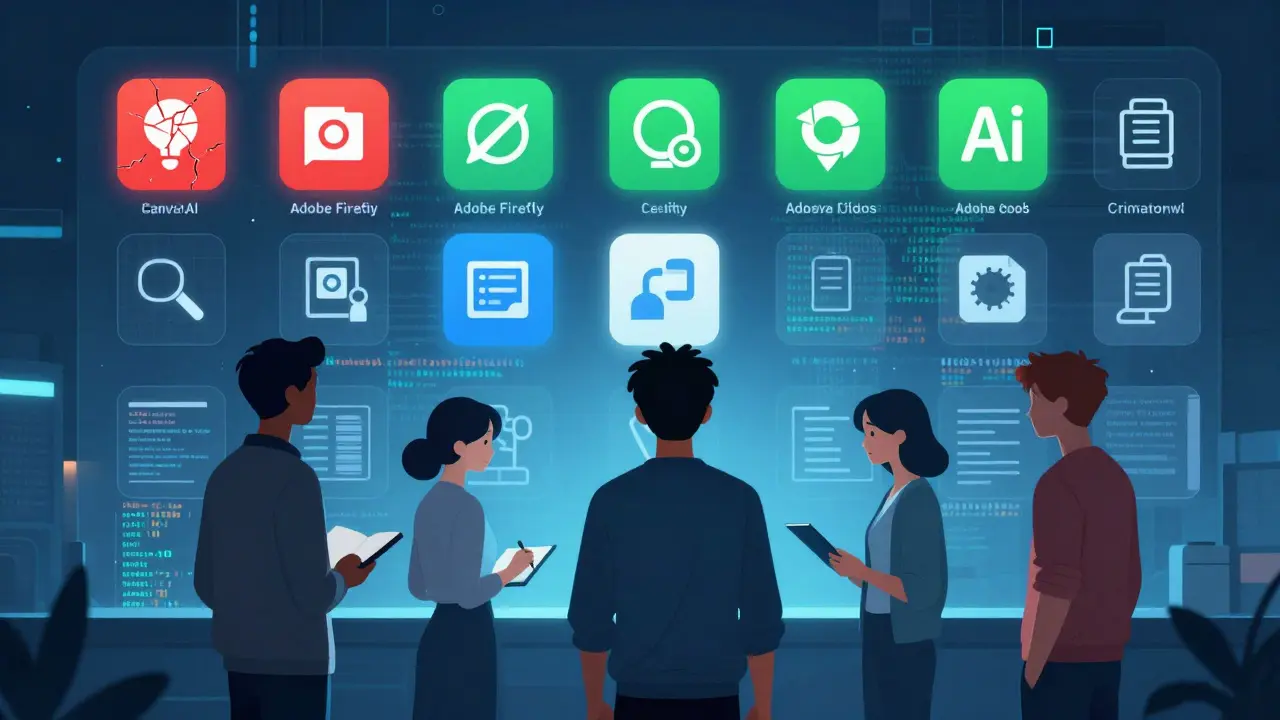 Grupo de criadores diante de ferramentas de IA, algumas seguras e outras proibidas.