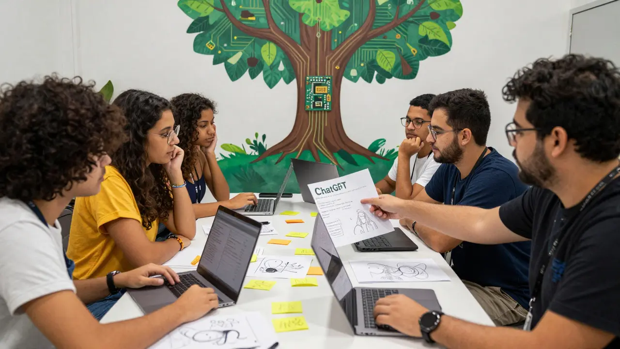 Grupo diverso discutindo ideias em uma mesa com anotações, laptops e desenhos, fundo com mural de árvore em circuito.