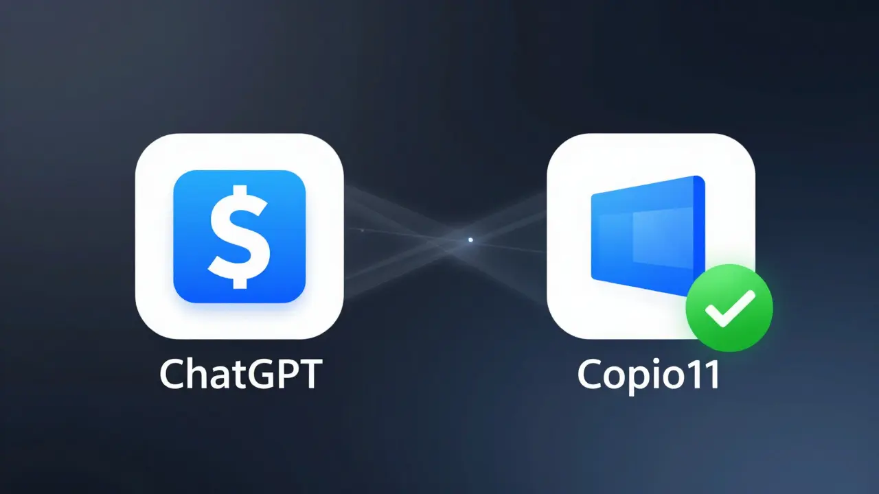 Ilustração comparando o app ChatGPT com o Copilot do Windows 11, destacando diferenças entre versão paga e gratuita.
