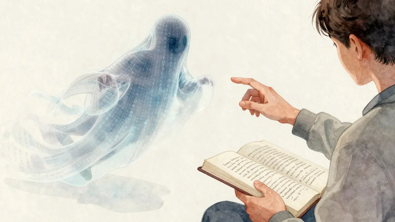 Ilustração simbólica de um fantasma de IA sobre um texto manuscrito, com o estudante dividido entre tecnologia e aprendizado.