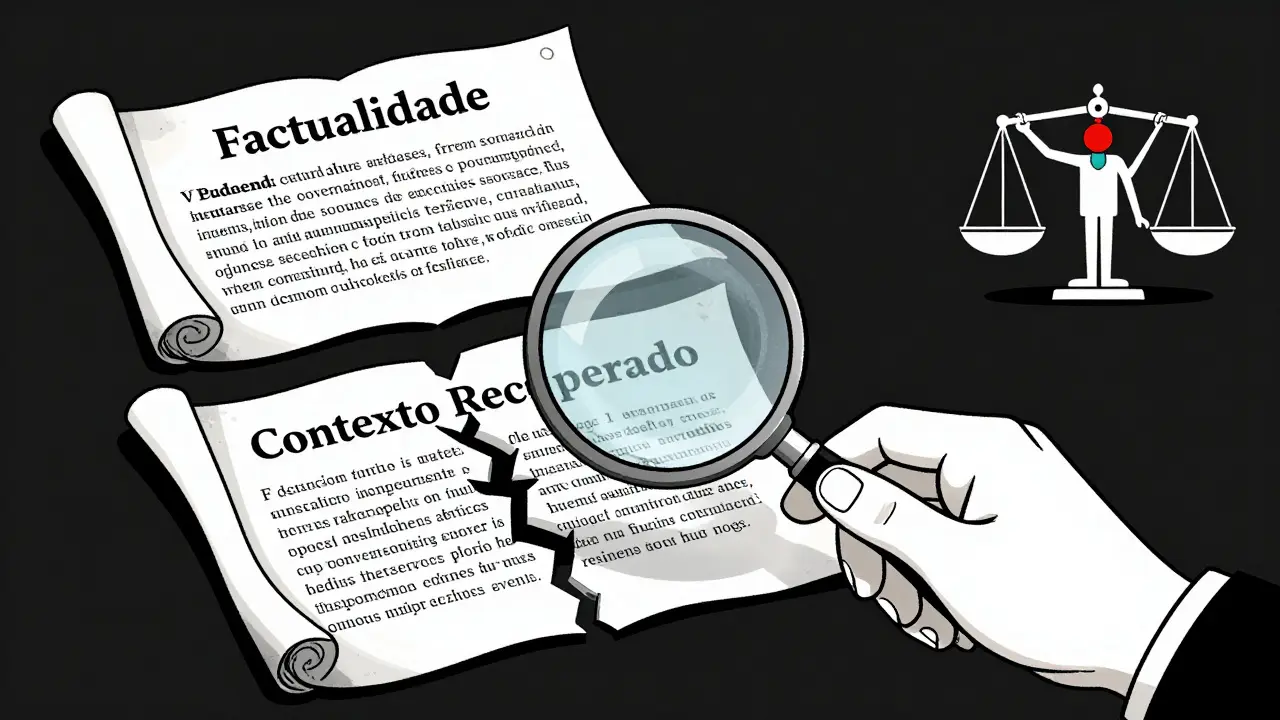 Ilustração técnica de uma lupa revelando falsidades em um contexto recuperado, enquanto fatos verificados brilham de múltiplas fontes.