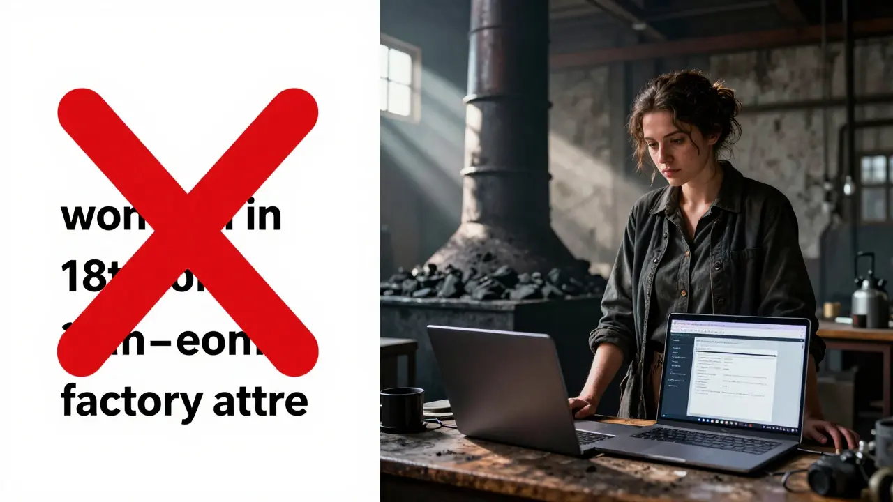 Imagem realista de mulher em traje de fábrica do século XIX ao lado de um prompt censurado em um computador.