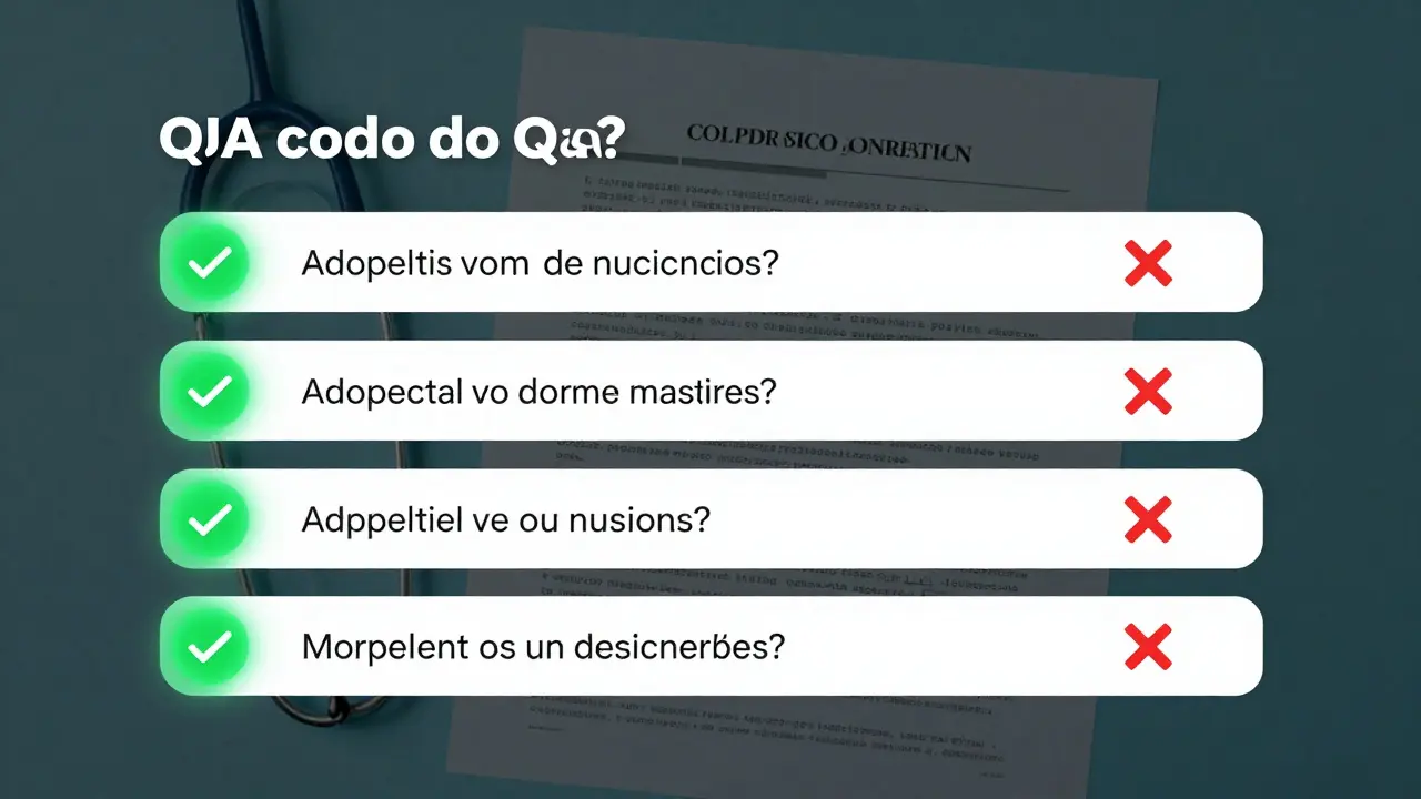 Interface interativa em português mostrando respostas de IA ligadas a trechos de documentos médicos, com marcas de verificação e erros.