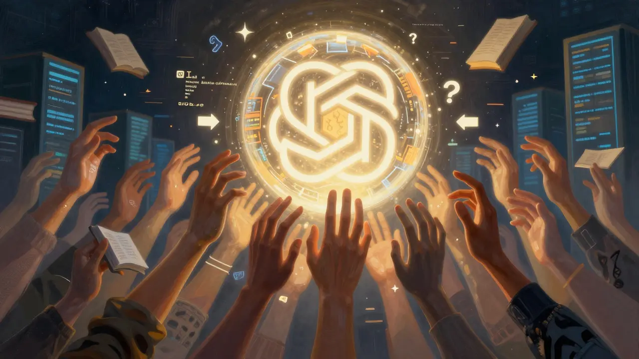 Mãos diversas unidas em torno de uma esfera luminosa, simbolizando a colaboração humana por trás da IA.