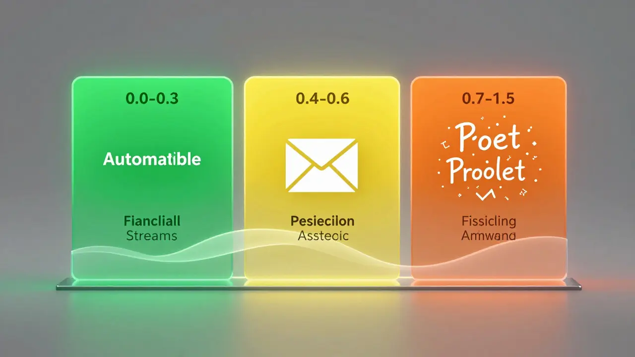 Painel de controle com três zonas de temperatura: verde para automação, amarelo para assistentes e laranja para criatividade.