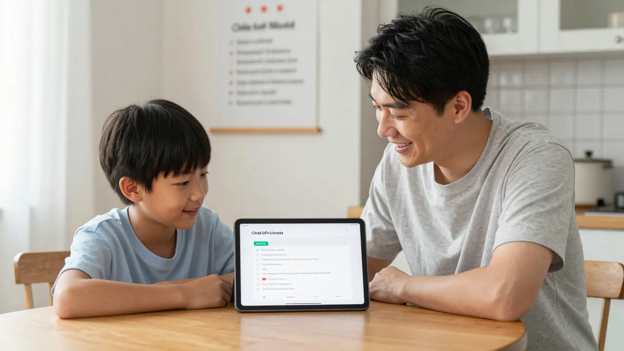 Pais e adolescente observando um tablet com modo infantil do ChatGPT, em ambiente doméstico acolhedor.